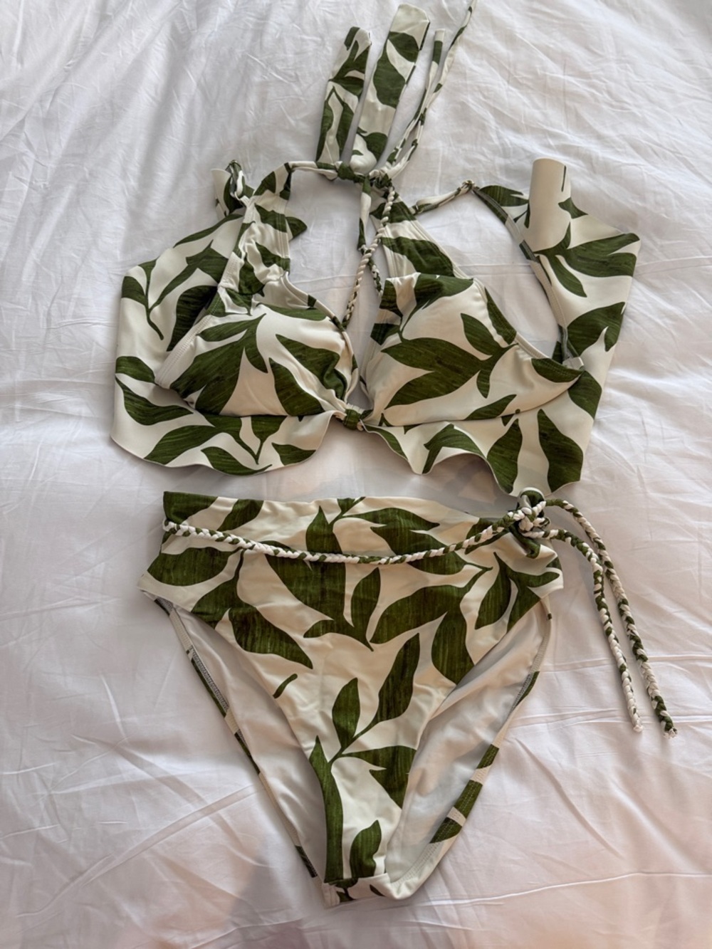 Leaf Print Halter Bikini Set in White & Olive Green
